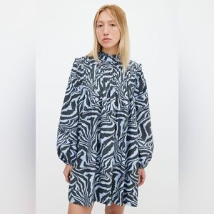 Ganni Blue Zebra Cotton Mockneck Babydoll Dress